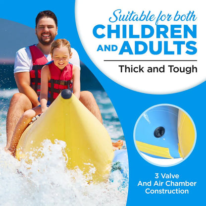 SereneLifeHome 4 Person Inflatable Banana Boat, Includes Storage Bag, Foot Pump, and Repair Kit, Tough and Thick, Reinforced Seats and Foot Areas, Easy Inflation and Deflation