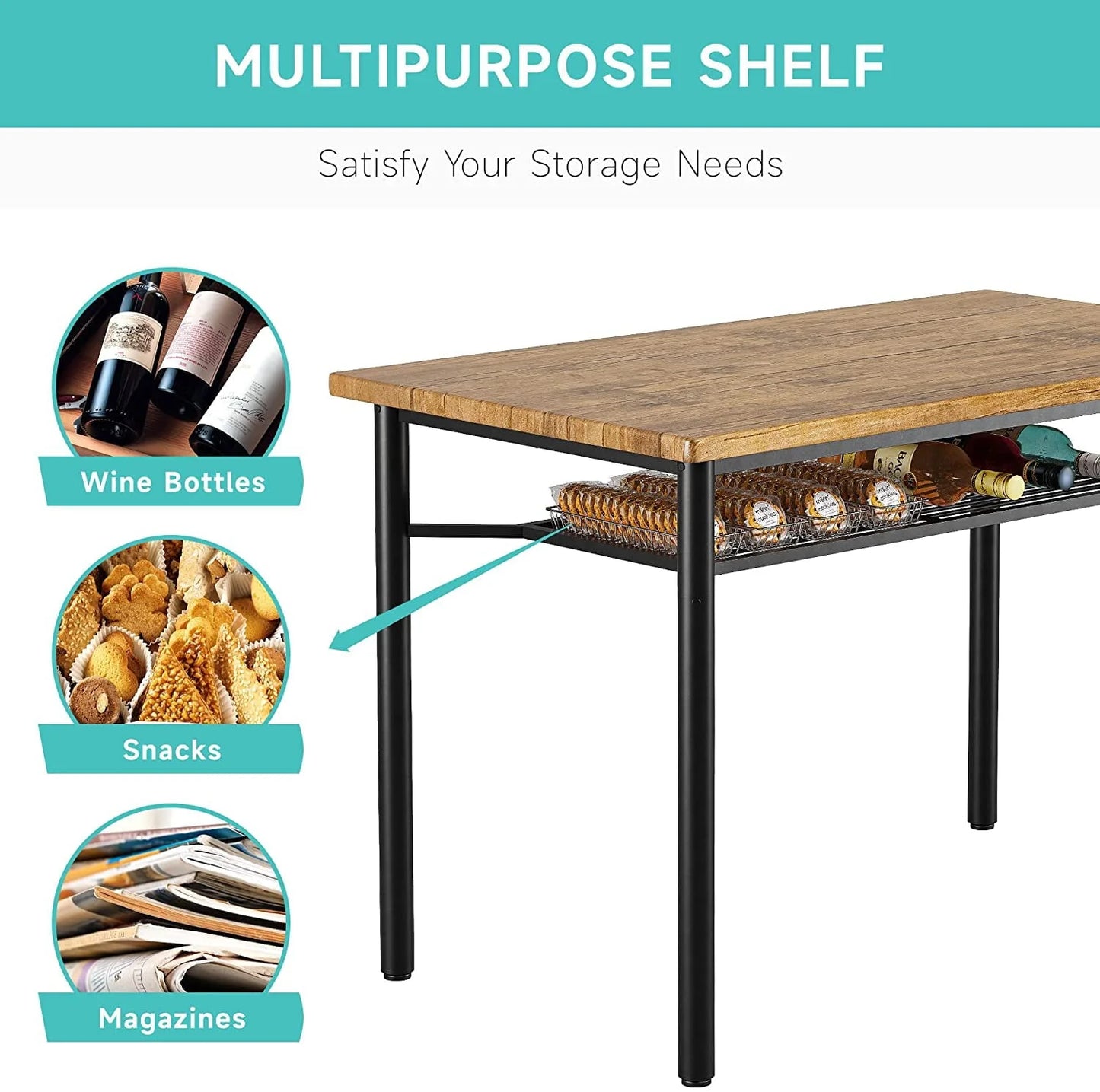 Katidap Dining Table Set for 4 Metal and Wood Indoor Modern Rectangular 5-Piece Dining Table Furniture Set with Storage Rack for Dining Room, Kitchen, Dinette(Rustic Brown)