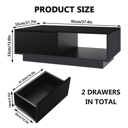 Hommpa High Gloss Black Coffee Table with 2 Drawers LED Sofa Side End Tea Table Modern Living Room Furniture with Storage Space