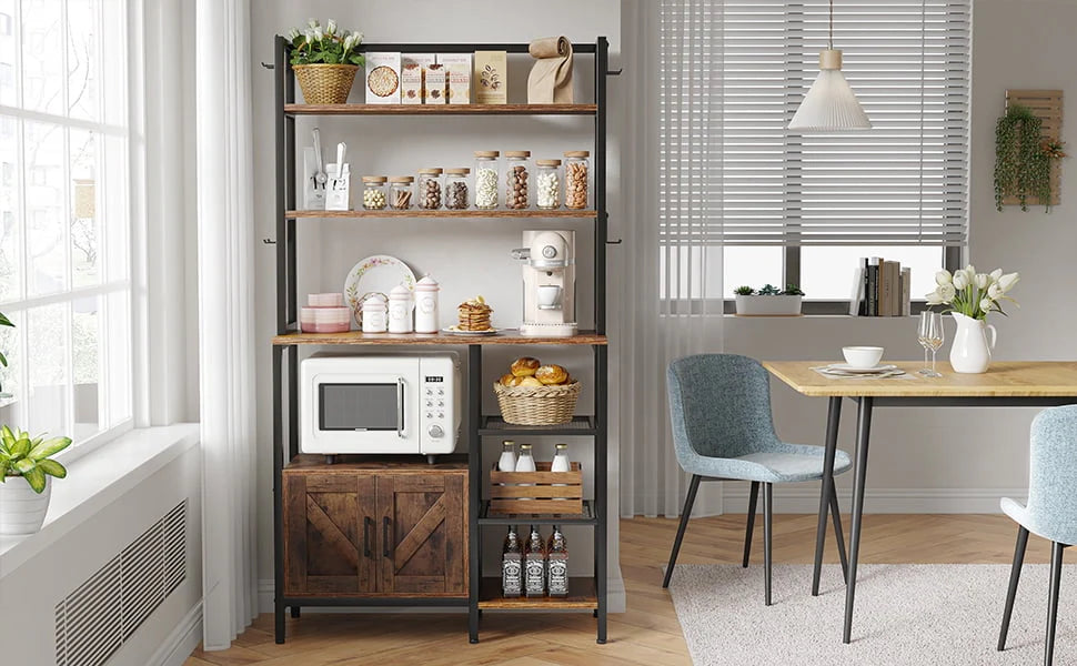 EnHomee 6 Tier Kitchen Bakers Rack Microwave Oven Stand with Storage Coffee Bar with Shelves Cabinet Hooks, 29.5" W * 13.9" D * 63" H Rustic Brown