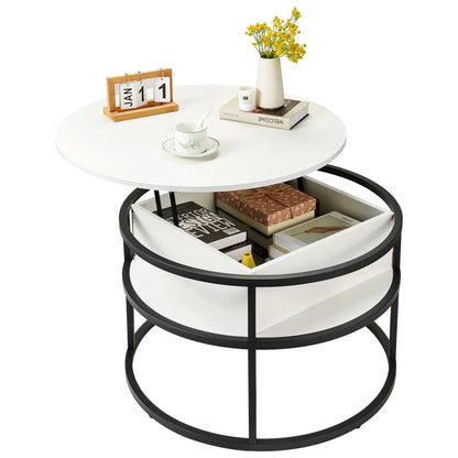Round Lift Top Coffee Table with Storage, Industrial Wood Coffee Table with Metal Frame for Living Room, White