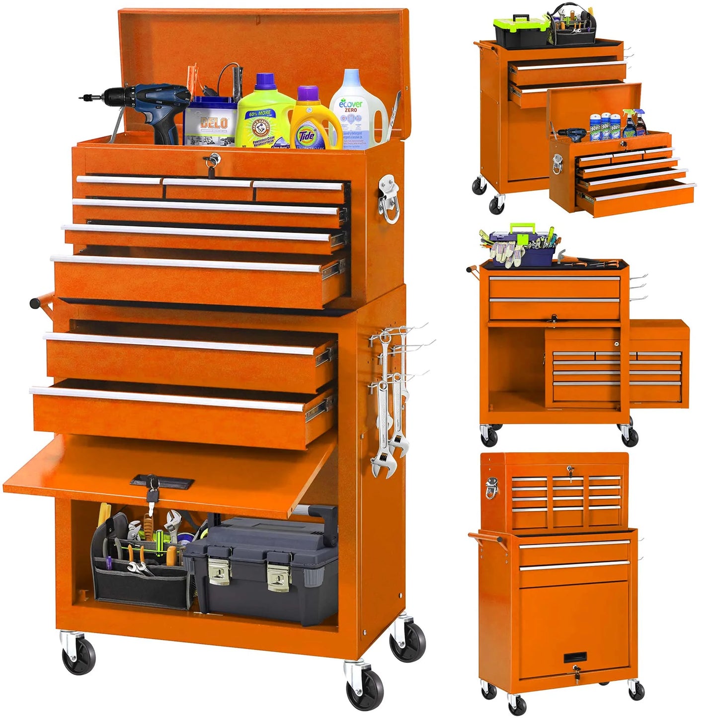 Aukfa Tool Chest, 2 in 1 Steel Rolling Tool Box & Cabinet On Wheels for Garage, 8-Drawer, Orange