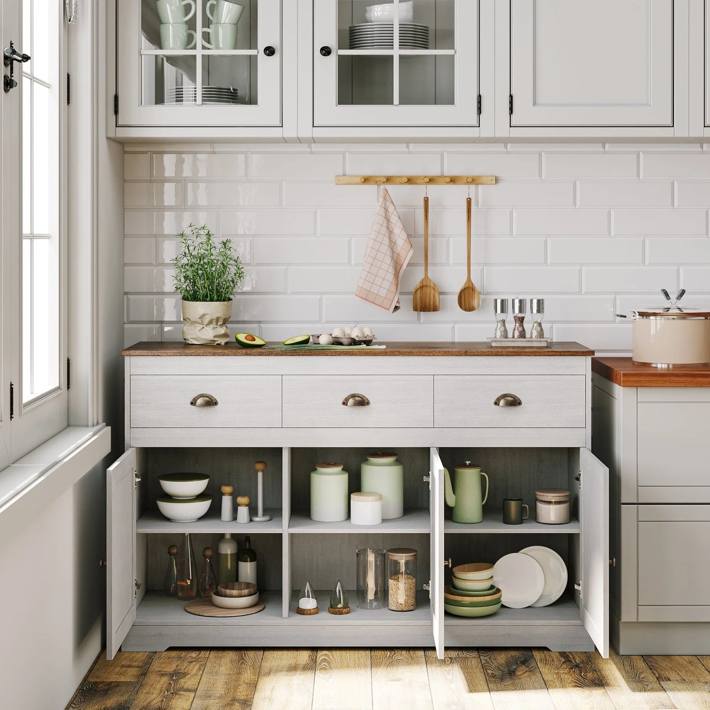 Homfa Sideboard Storage Cabinet with 3 Drawers & 3 Doors, 47.2'' Wide Buffet Cabinet for Dining Room, Antique White