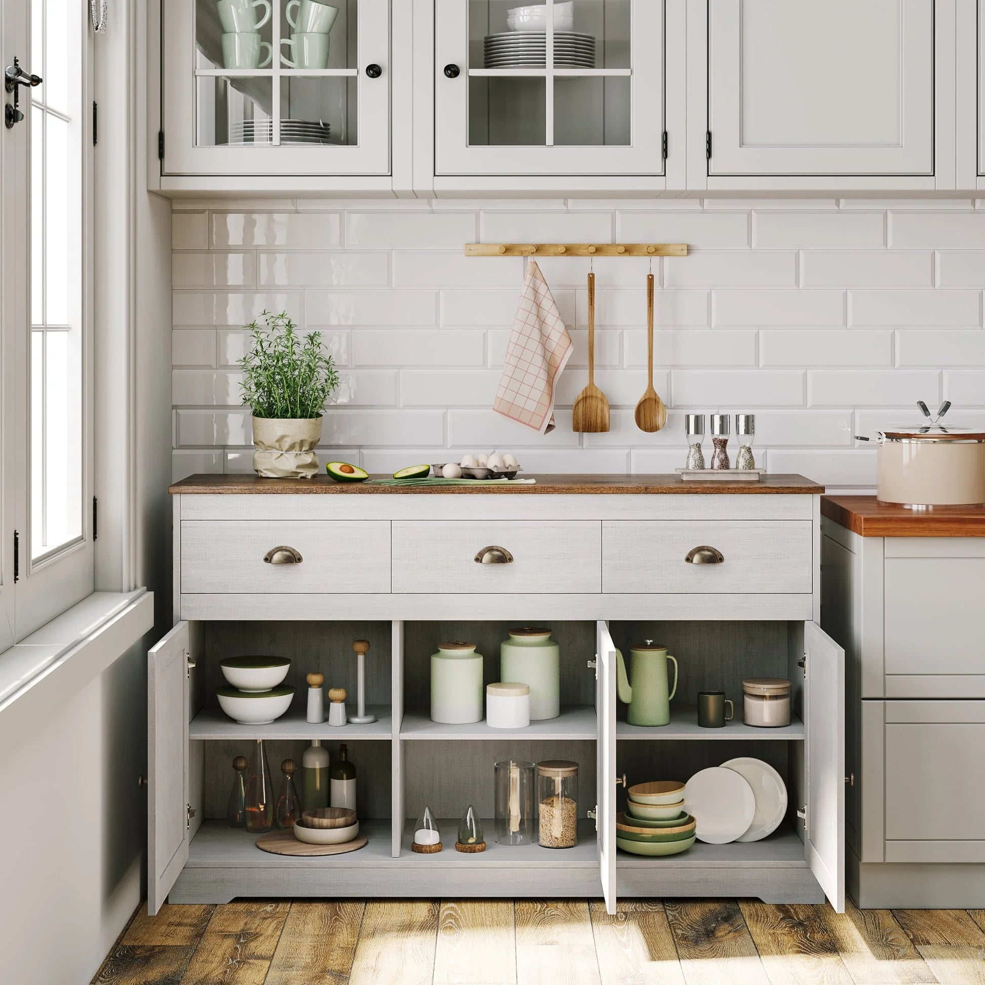 Homfa Sideboard Storage Cabinet with 3 Drawers & 3 Doors, 47.2'' Wide Buffet Cabinet for Dining Room, Antique White