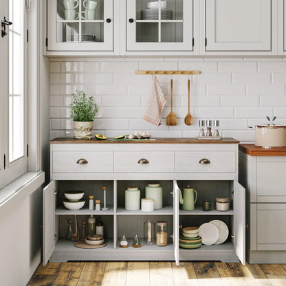 Homfa Sideboard Storage Cabinet with 3 Drawers & 3 Doors, 47.2'' Wide Buffet Cabinet for Dining Room, Antique White