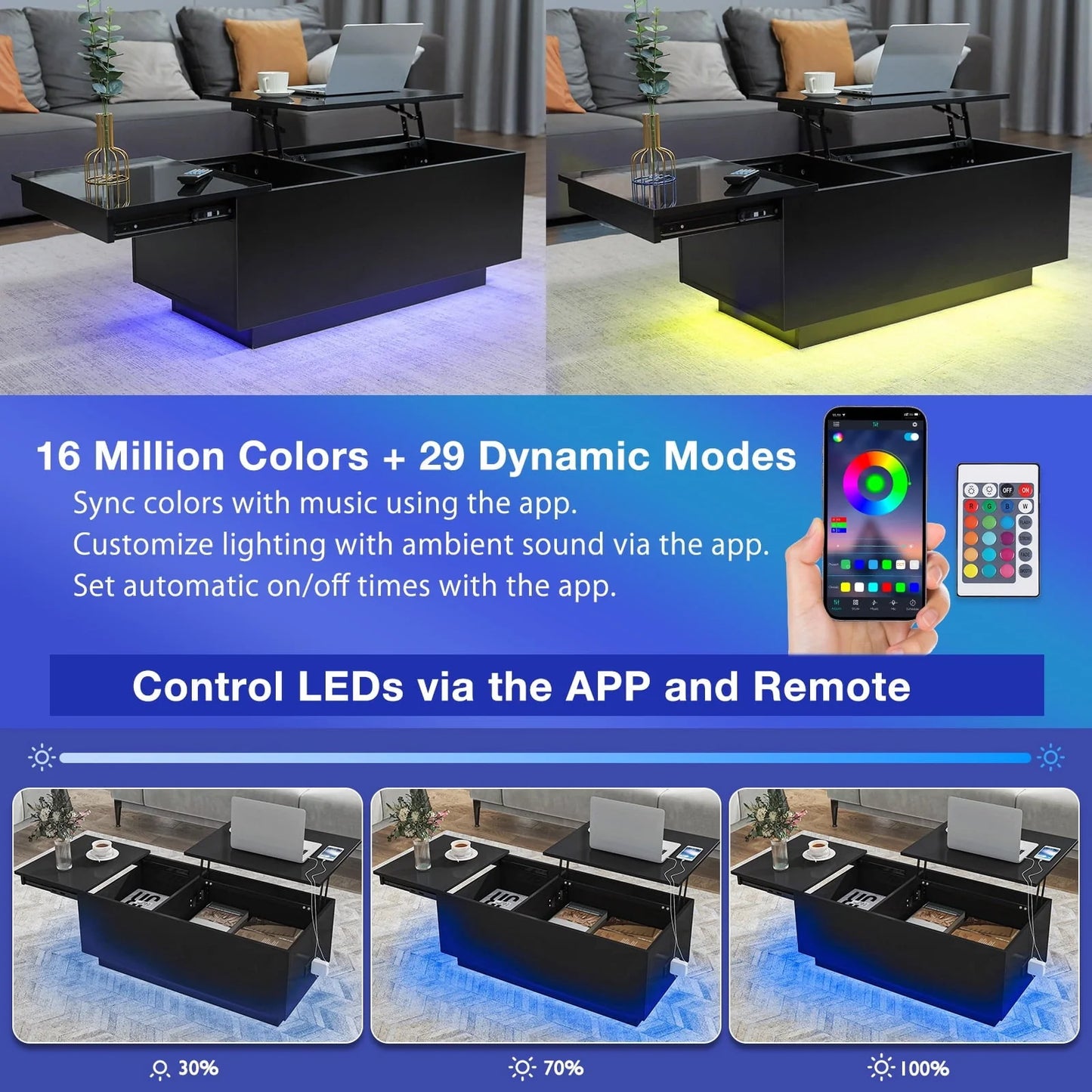 Hommpa LED Lift Top Coffee Table with Charging Station High Gloss Rectangle Center Tea Desk Black Hidden Storage Rising Dining Cocktail Tables Living Room