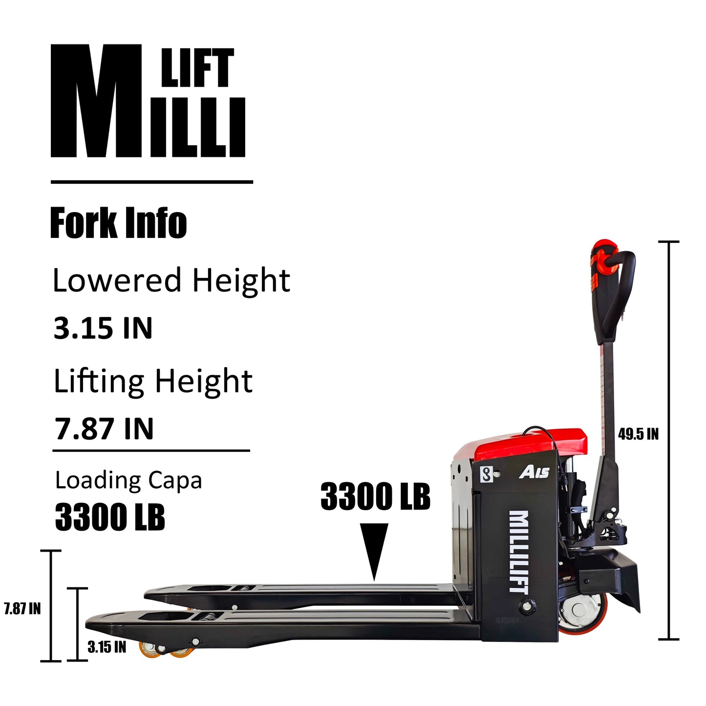Millilift Electric Pallet Jack, 3300LB Capacity, Heavy-Duty Forks 45"x21", Powerful Drive Motor, 24V 40AH LiFePO4 Battery with Built-in Charger, 2?C4H Runtime, for Warehouse, Supermarket Use