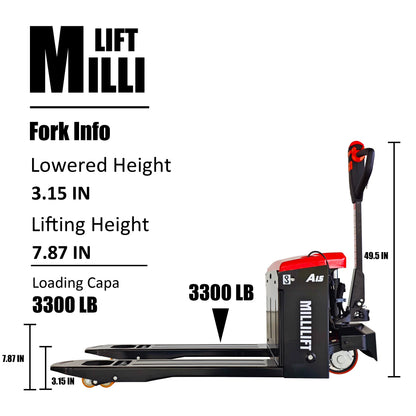 Millilift Electric Pallet Jack, 3300LB Capacity, Heavy-Duty Forks 45"x21", Powerful Drive Motor, 24V 40AH LiFePO4 Battery with Built-in Charger, 2?C4H Runtime, for Warehouse, Supermarket Use