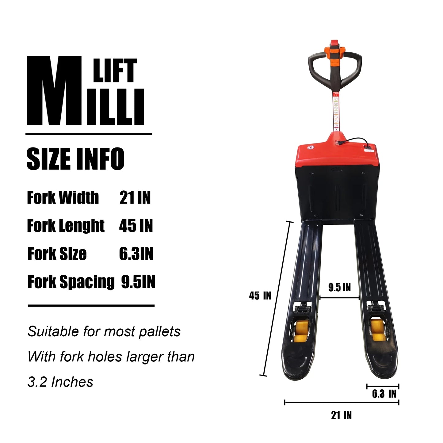 Millilift Electric Pallet Jack, 3300LB Capacity, Heavy-Duty Forks 45"x21", Powerful Drive Motor, 24V 40AH LiFePO4 Battery with Built-in Charger, 2?C4H Runtime, for Warehouse, Supermarket Use
