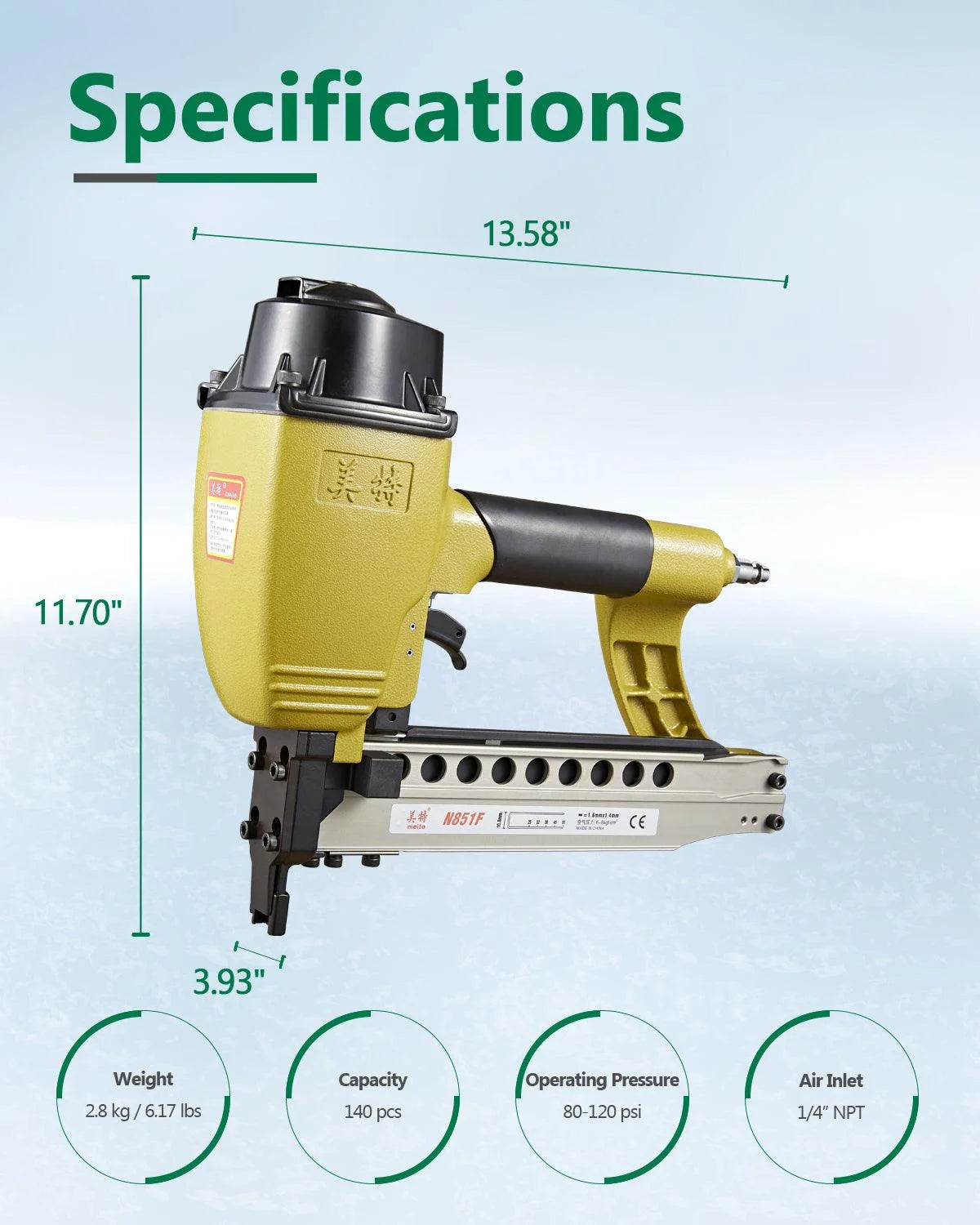 meite N851F Pneumatic Staple Gun 16 Gauge 7/16" Crown Sequential Nailing, Uses 16 GA 7/16-Inch Staples (1-Inch to 2-Inch)