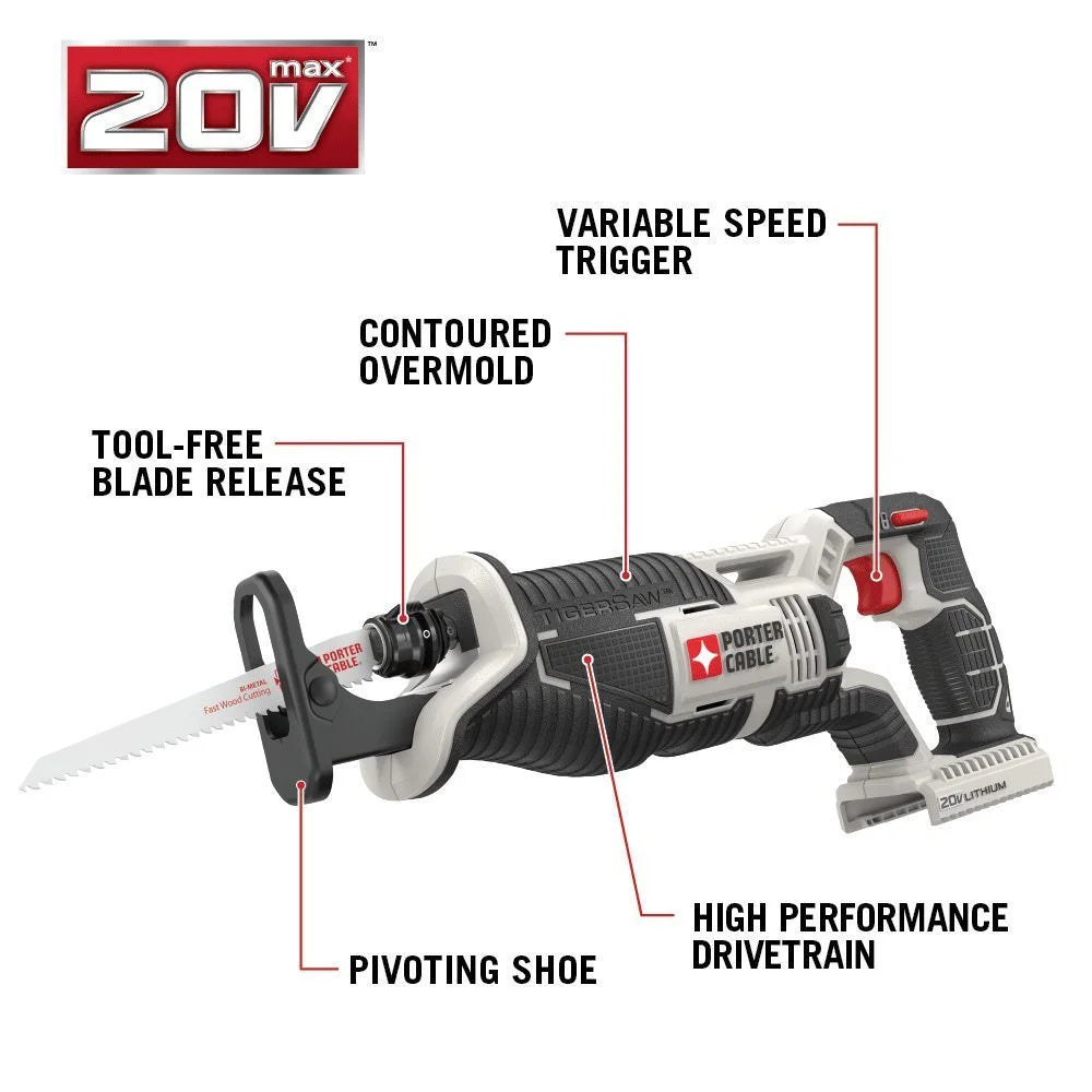 Porter Cable Max Tigersaw 20V Cordless Reciprocating Saw PCC670B (Bare Tool)