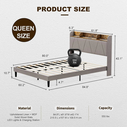 IKIFLY Queen Bed Frame with Charging Station & Storage Shelf Headboard, Upholstered LED Bed Frame with 2 Outlets and 2 USB Ports(1 Type C), Solid Wood Slats, No Box Spring Needed - Light Brown