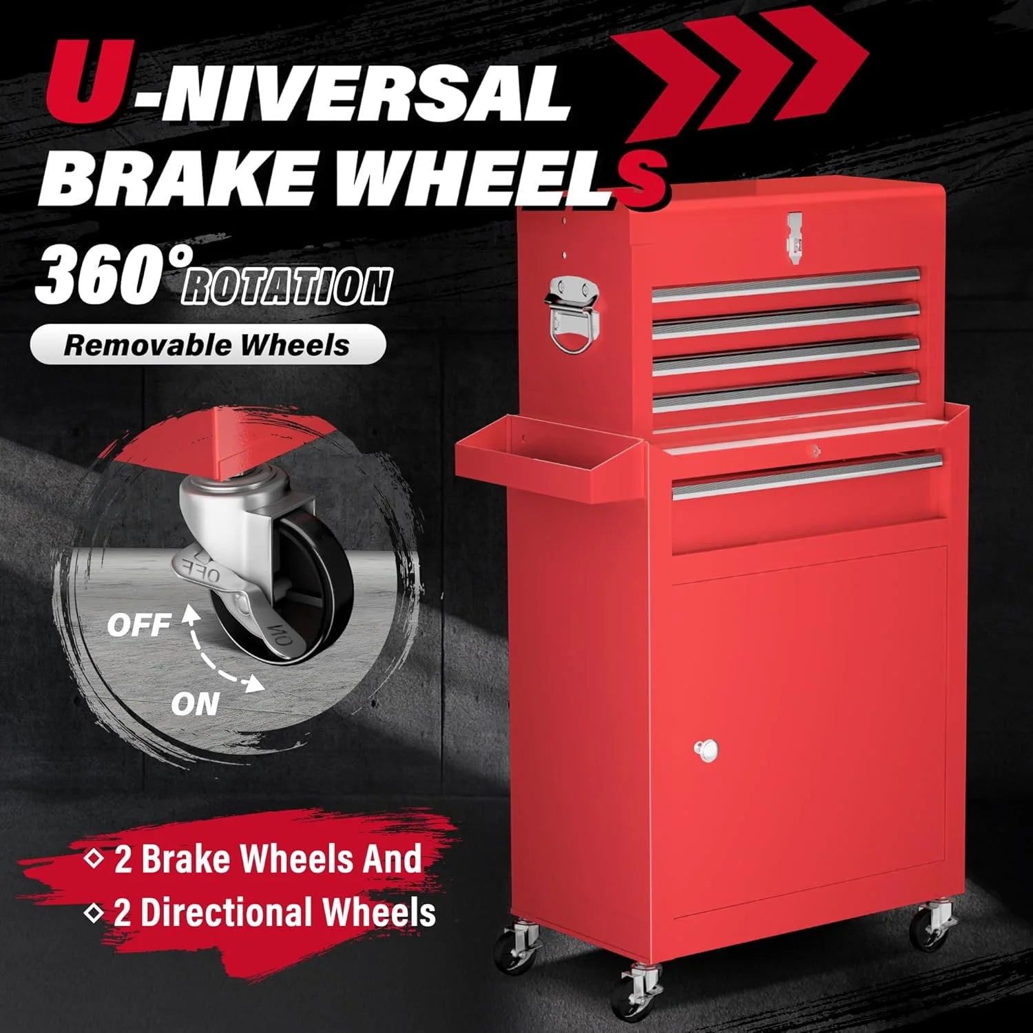 SOLAURA 5-Drawer Rolling Tool Chest Cabinet Metal Tool Storage Box Lockable with Wheels, Red