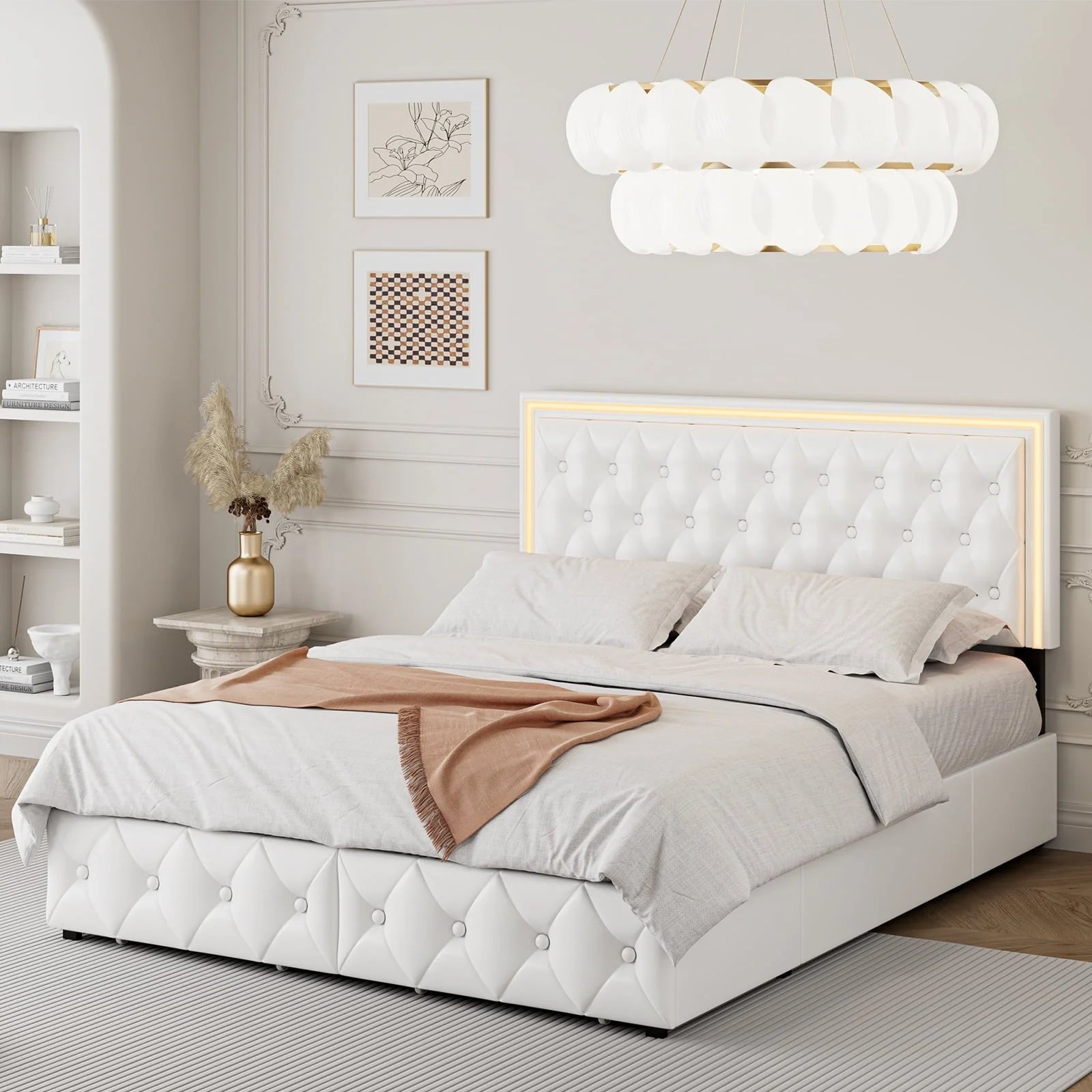 Homfa Queen LED Bed, 9 Colors LED Lights Platform Bed Frame with 4 Storage Drawers, Adjustable Upholstered Headboard with Button Tufted, PU White