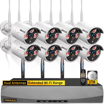 OOSSXX Dual Antennas Wireless Security Camera System, 4 Wireless Cameras for Outdoors with 2TB Hard Drive with AI Human Detected