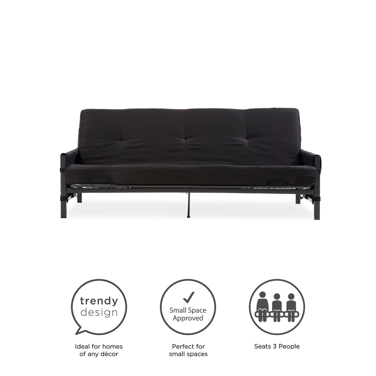 DHP Fairview Futon Set with Black Metal Frame, 6" Mattress and Storage Pockets, Black
