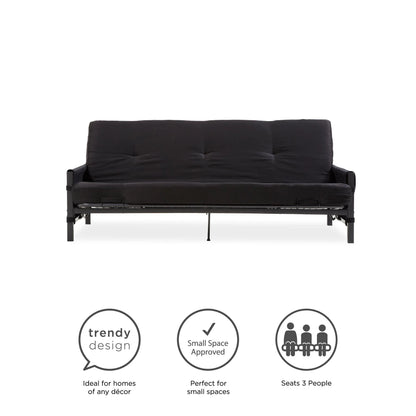 DHP Fairview Futon Set with Black Metal Frame, 6" Mattress and Storage Pockets, Black