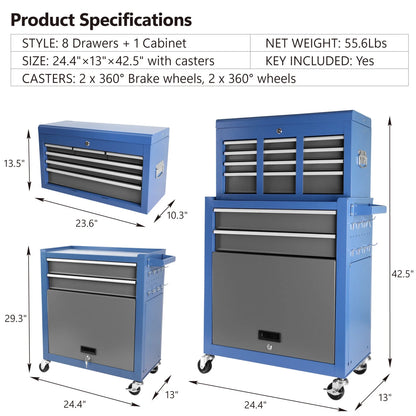 Roller Tool Chest with 8-Drawer and Wheels,Tool Box Organizer for Workshop Mechanics Garage ,Detachable Large Tool Cabinet ,Storage Organizer for Workshop Garage Repair Shop Household,Blue