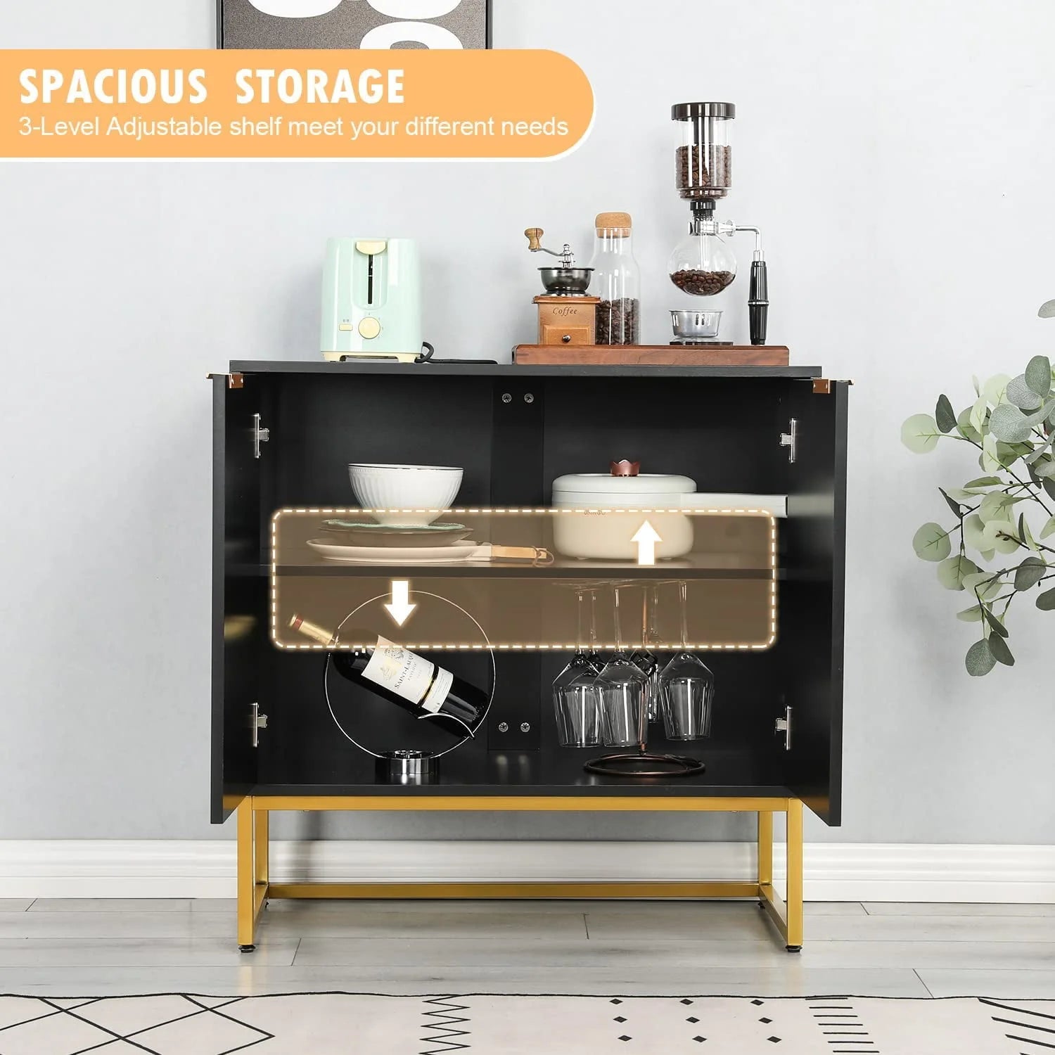 Yoleny 31'' Buffet Cabinet with Storage, Accent Cabinet with 2 Doors, Gold Trim and Golden Legs, Wooden Sideboard with Adjustable Shelf and Feet for Bedroom, Living Room, Kitchen, Hallway, Black