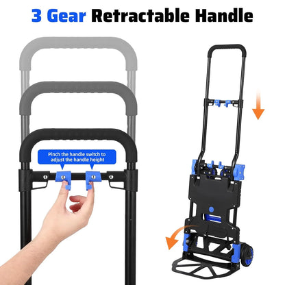 Garvee Folding Hand Truck Dolly with Basket, 2-in-1 Heavy Duty Dolly Cart with Wheels, 330LBS Capacity Convertible Handcart with Retractable Handle for Moving, Blue+Black