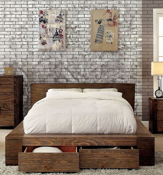 Queen Size Bed Rustic Natural Tone Finish Low Profile Bed w Storage Drawers FB Bedroom Furniture 1pc Bed Solid Wood