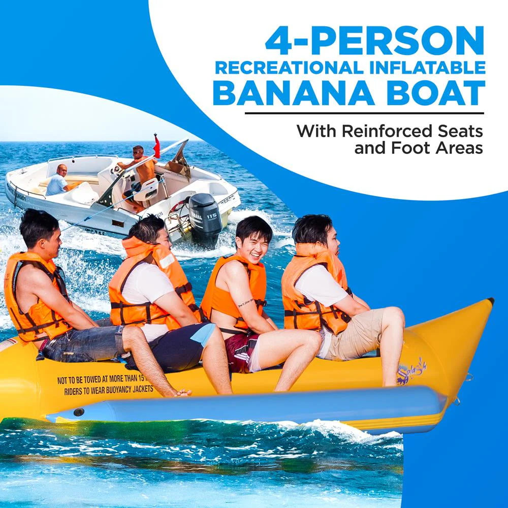 SereneLifeHome 4 Person Inflatable Banana Boat, Includes Storage Bag, Foot Pump, and Repair Kit, Tough and Thick, Reinforced Seats and Foot Areas, Easy Inflation and Deflation