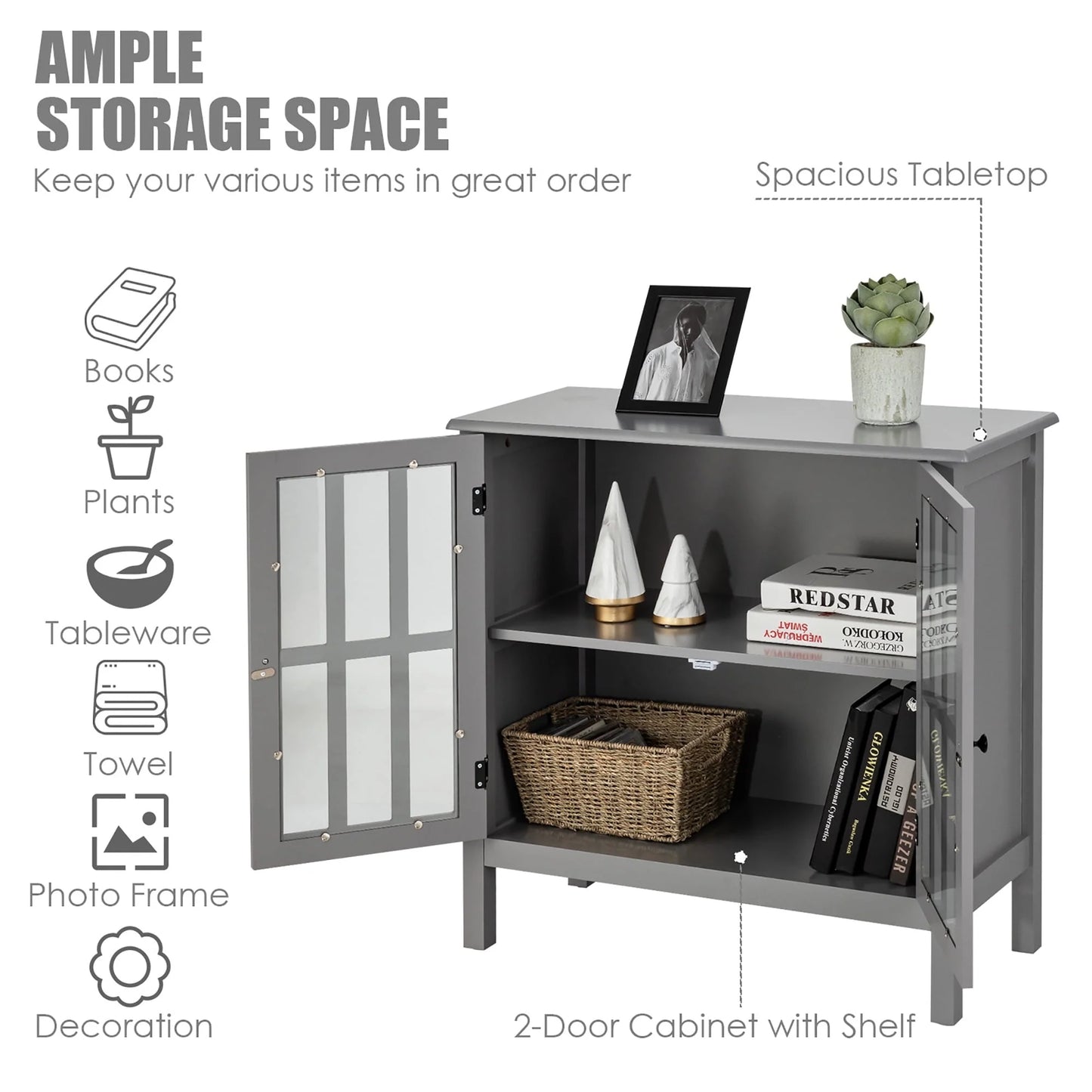 Costway Storage Buffet Cabinet Glass Door Sideboard Console Table Server Gray