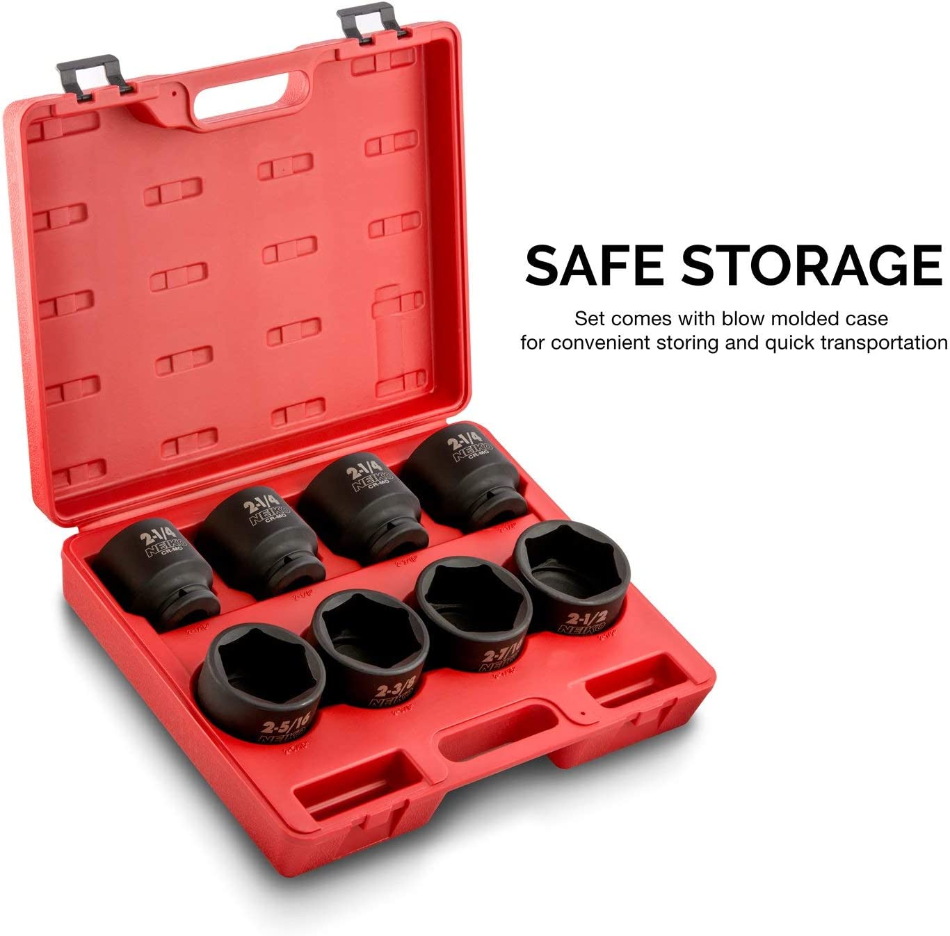 NEIKO 02392A 3/4" Impact Socket Set, 3/4? Drive, 8 PC Jumbo Sockets, SAE Standard Sizes 2-1/16 Inch to 2-1/2 Inch, Chrome-Moly Cr-Mo Steel