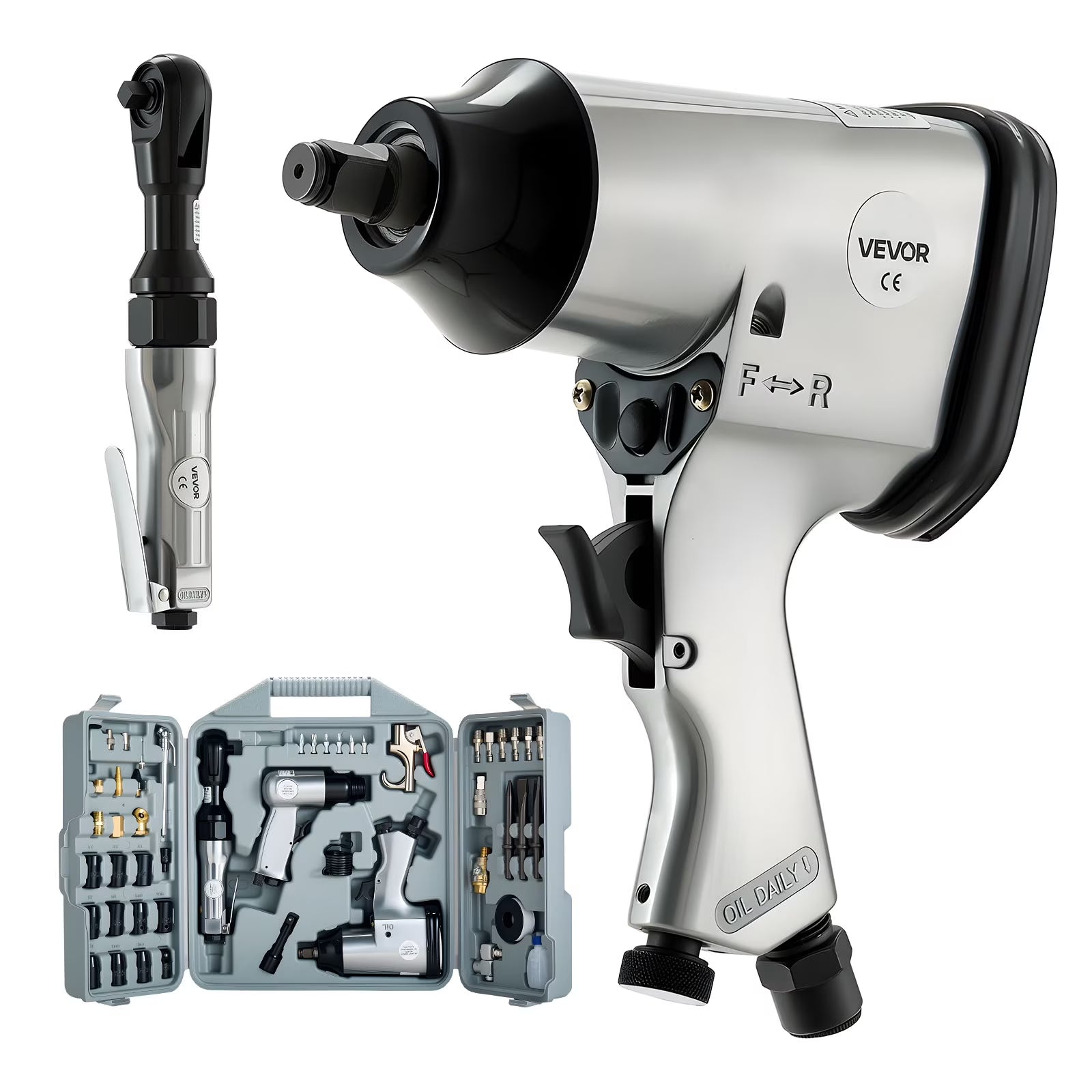 VEVOR 50 Pieces Pro Air Tool and Accessories Kit - 1/2" Air Impact Wrench, 3/8" Ratchet Wrench, 4500BPM Hammer, Blow Gun & Full Accessories for Auto Repairs, Home DIY Projects - with Storage Case