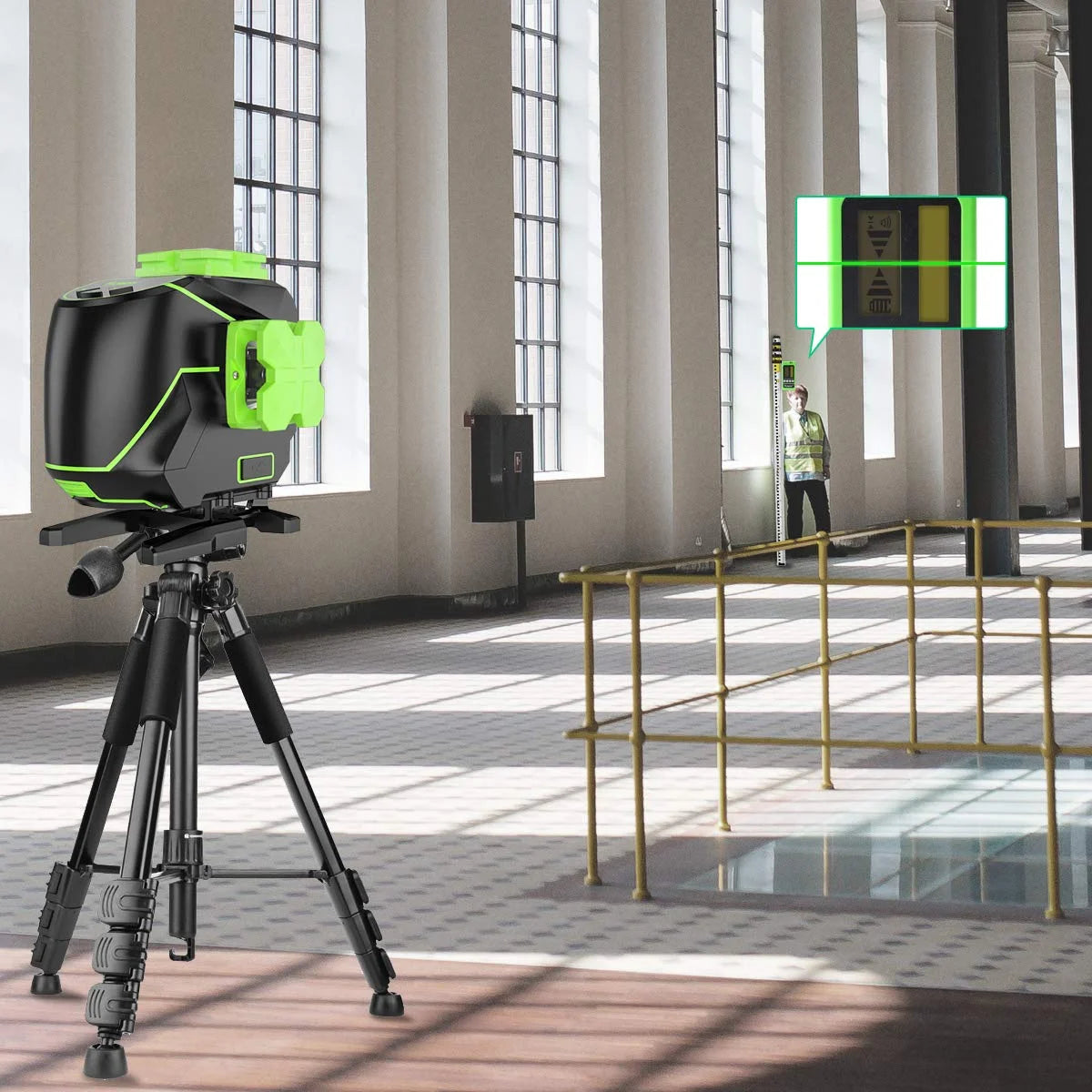 Huepar 3 x 360 Degree Cross Line Laser Level 3D Self-leveling Tiling Floor Green Beam Laser Leveler Tools with Li-ion Battery & Pivoting Base S03DG-L