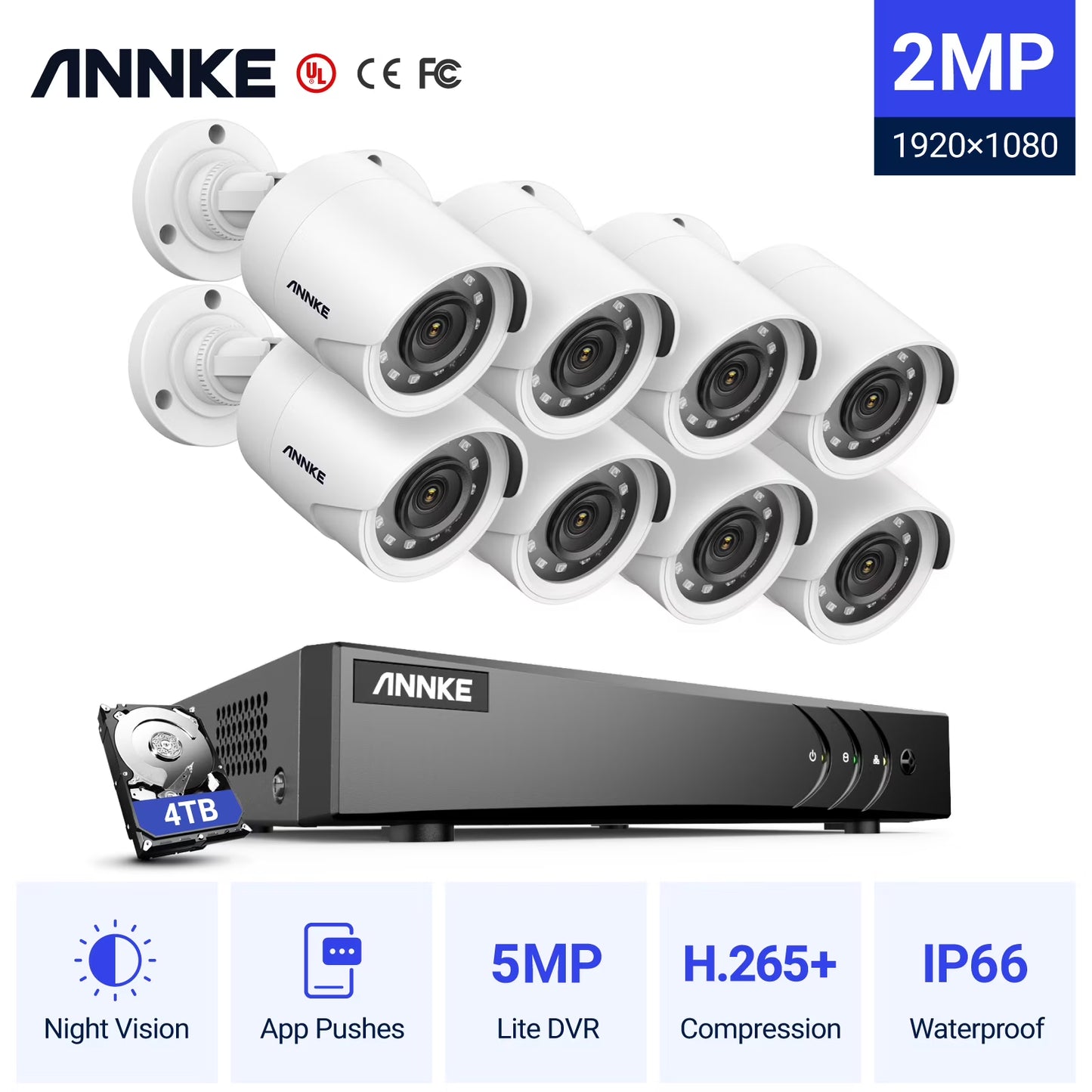 ANNKE 8CH 1080P Outdoor CCTV Video Home Security 8PCS White Bullet Weatherproof Camera System Surveillance Kits With No Hard Drive Disk
