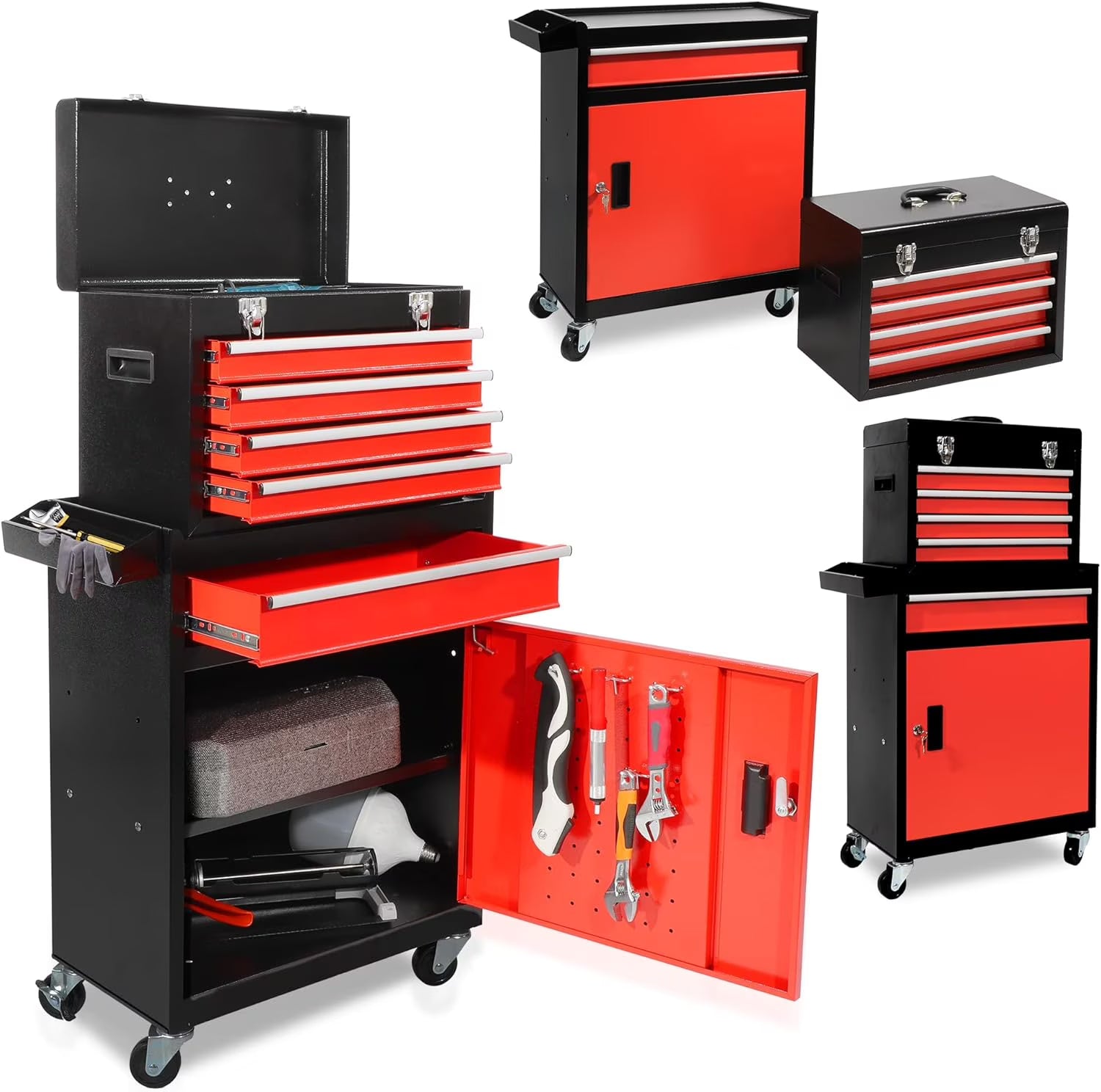 Rolling Tool Box, 5 Drawer Tool Chest with Wheels, Tool Box Organizer with Detachable Top, Lockable Drawers & Sliding Storage for Garage & Workshop