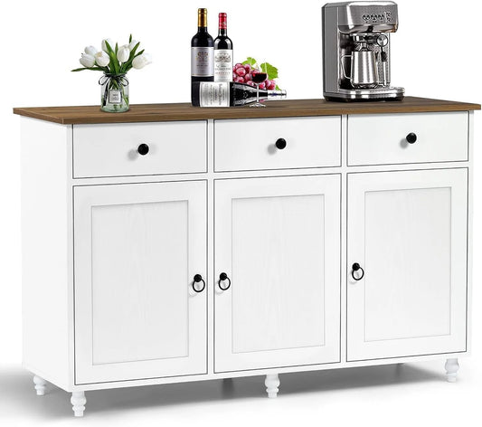 Catrimown Sideboard Buffet Cabinet, Mid-Century Kitchen Storage Cabinet with 3 Drawers & 3 Doors, Coffee Bar Cabinet with 3 Adjustable Shelves, White