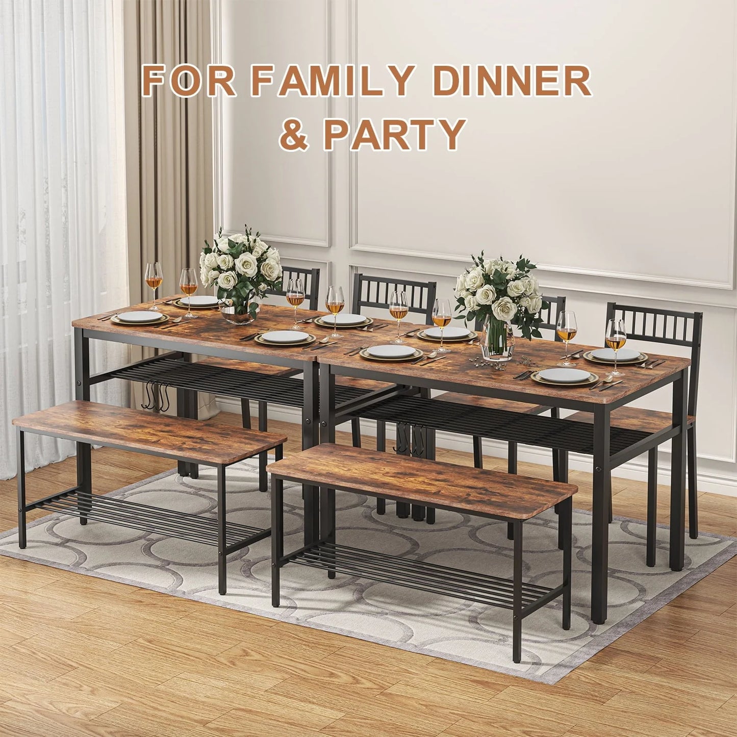 Winkalon Dining Table Set for 4,Wooden Kitchen Table Set with Storage Rack,1 Bench & 2 Chairs,Brown