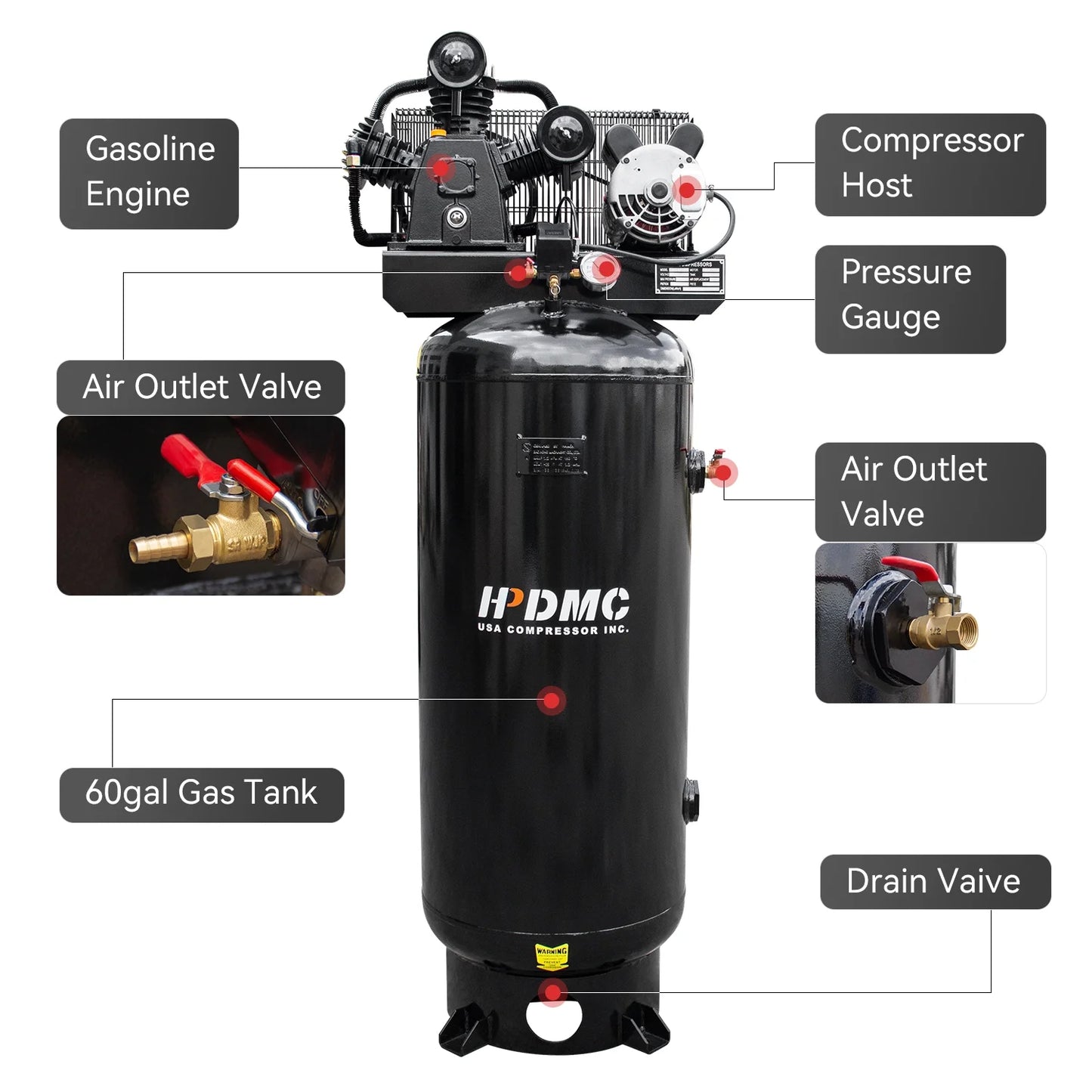 HPDMC 5.5HP Piston Air Compressor 220V/1Ph 60-Gallon Vertical ASME Tank 10.7CFM Max. Pressure 180psi Two-Stage Electric Stationary Air Compressor