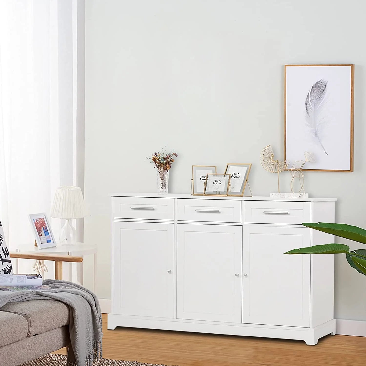 VINGLI White Credenza,Kitchen Buffet Cabinet with Storage,Dining Sideboard Buffet Console Table with Cabinet,Adjustable Shelves and Drawers