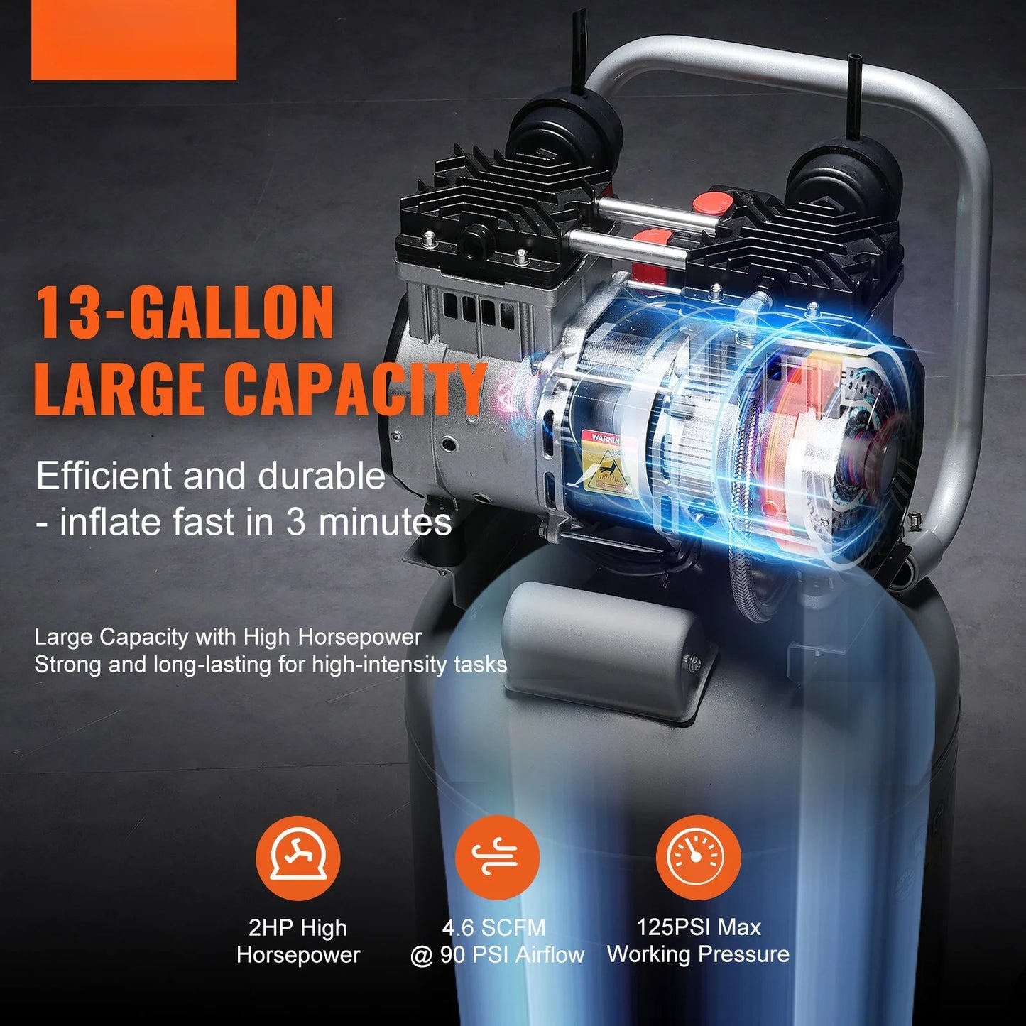 13-Gal 2HP Air Compressor - 4.6 SCFM Oil-Free | Ultra-Quiet for Tires