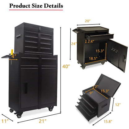 Rolling Tool Chest, 5 Drawers with Big Cabinet, Tool Trolley with 4 Universal Lockable Wheels and Lock Bar, Great Black Tool Cart for Garage Workshop, Sturdy Heavy Duty Tool Storage, Easy Assemble