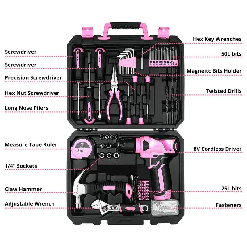 126-Piece Pink Household Tool Set with 8V Cordless Drill, Rechargeable Battery, All-in-One Compact Tools kit, Perfect , Ideal for Home Repairs & DIY Projects