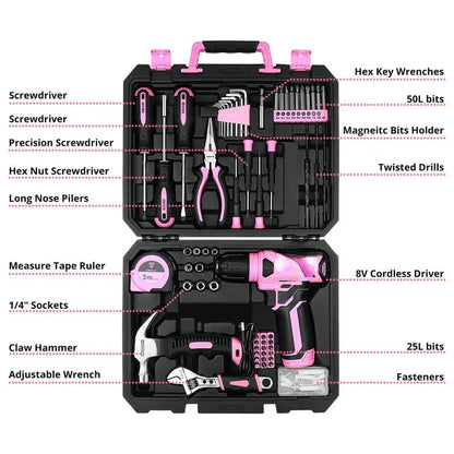 126-Piece Pink Household Tool Set with 8V Cordless Drill, Rechargeable Battery, All-in-One Compact Tools kit, Perfect , Ideal for Home Repairs & DIY Projects