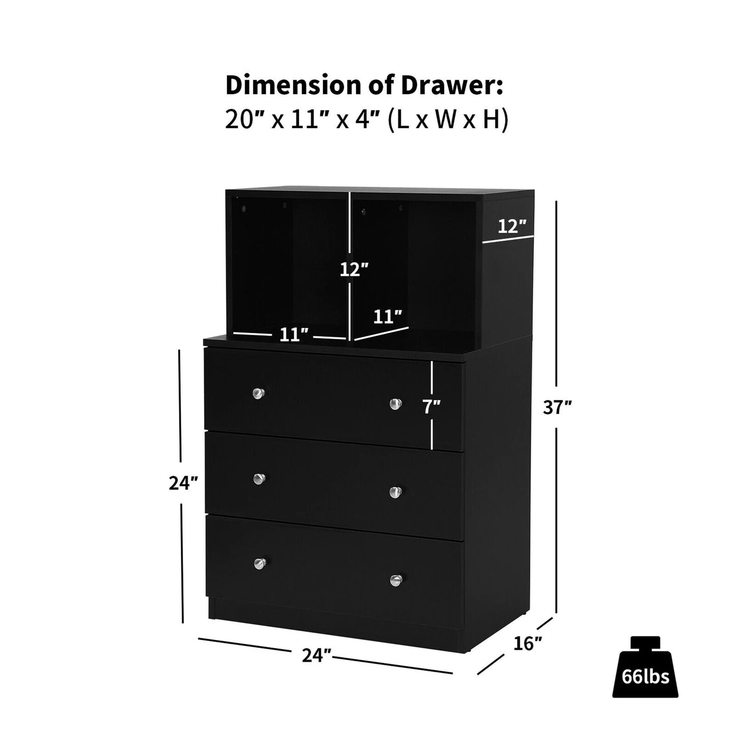 Gymax 3 Drawer Dresser W/Cubbies Storage Chest for Bedroom Living Room Black