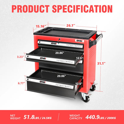 DNA Motoring TOOLS-00401 6 Drawers Garage Warehouse Workshop Plastic Top Tray Rolling Cabinet Chest Red With Swivel Casters