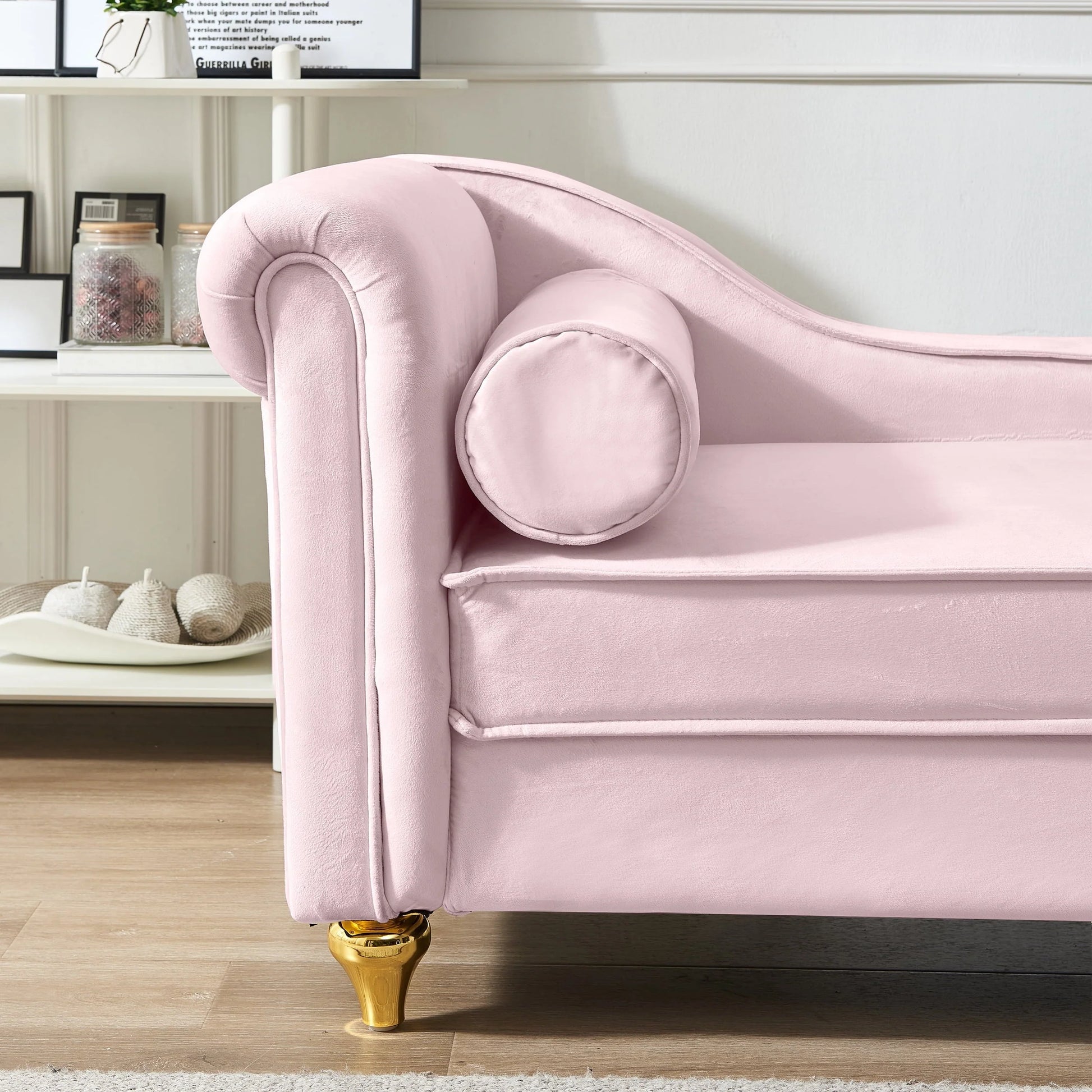 60.6" Velvet Chaise Lounge with Storage, Small Sofa Trimmed with Solid Metal Legs with 1 Pillow, Pink