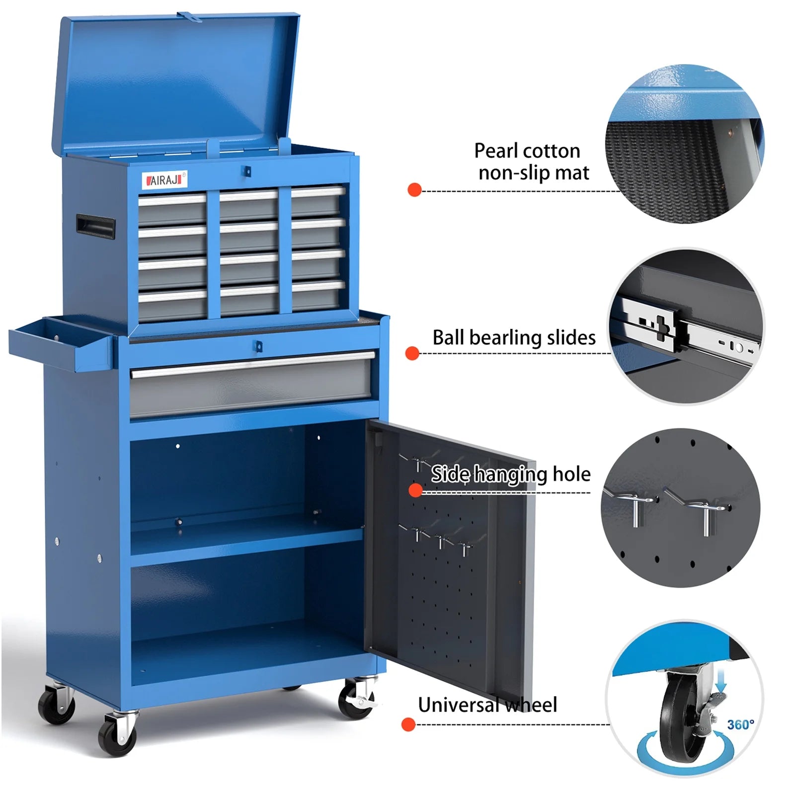 AIRAJ 7-Drawer 40 inch Large Rolling Tool Chest with Wheels | Detachable Top Metal Tool Box | Heavy Duty Toolbox Organizer with Hooks,Liners,Tray Divider