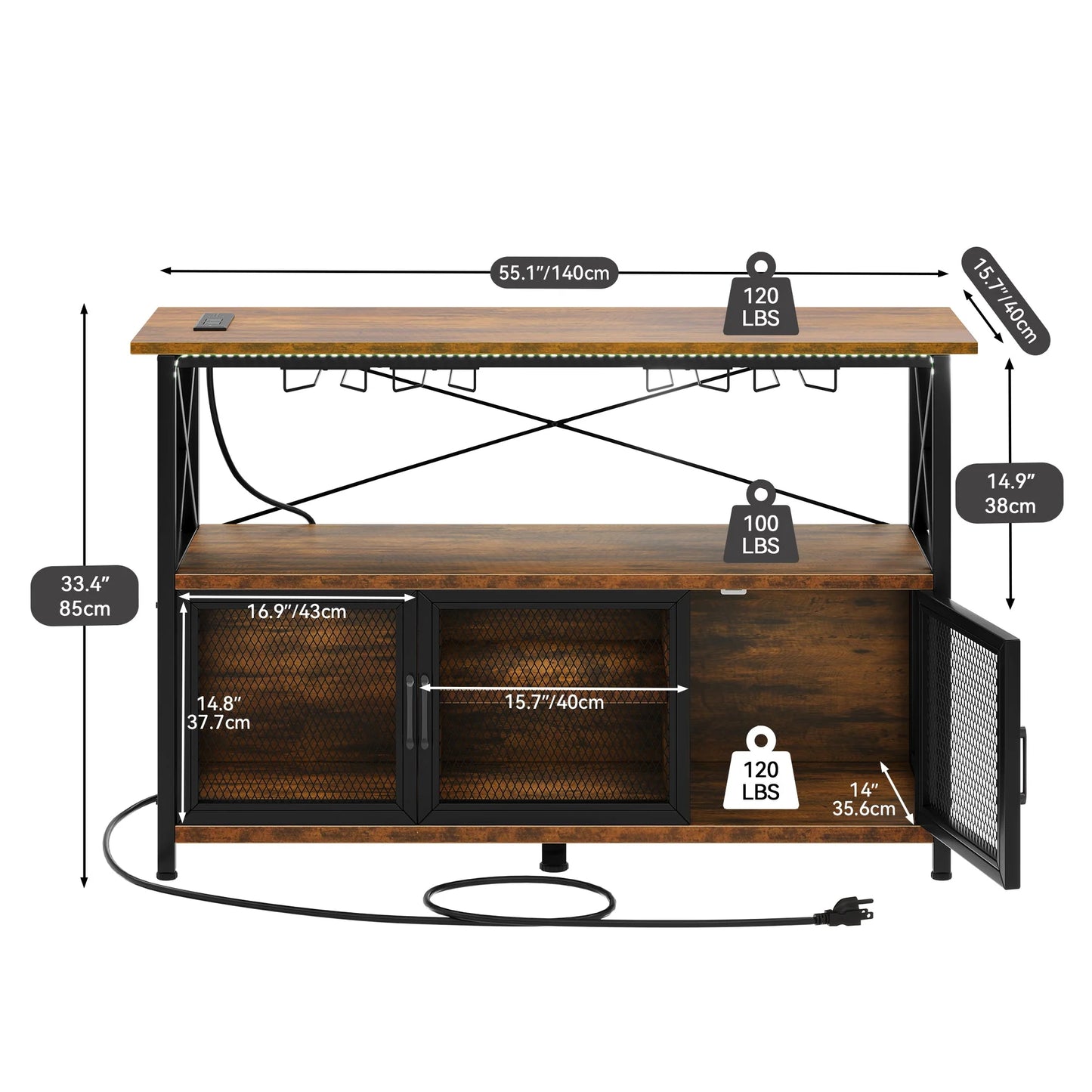 Dextrus 55" Wine Bar Cabinet with LED Lights Power Outlets, Industrial Coffee Bar Cabinet with Storage and Goblet Stand Sideboard Buffet Cabinet for Living Room Kitchen Dining Room