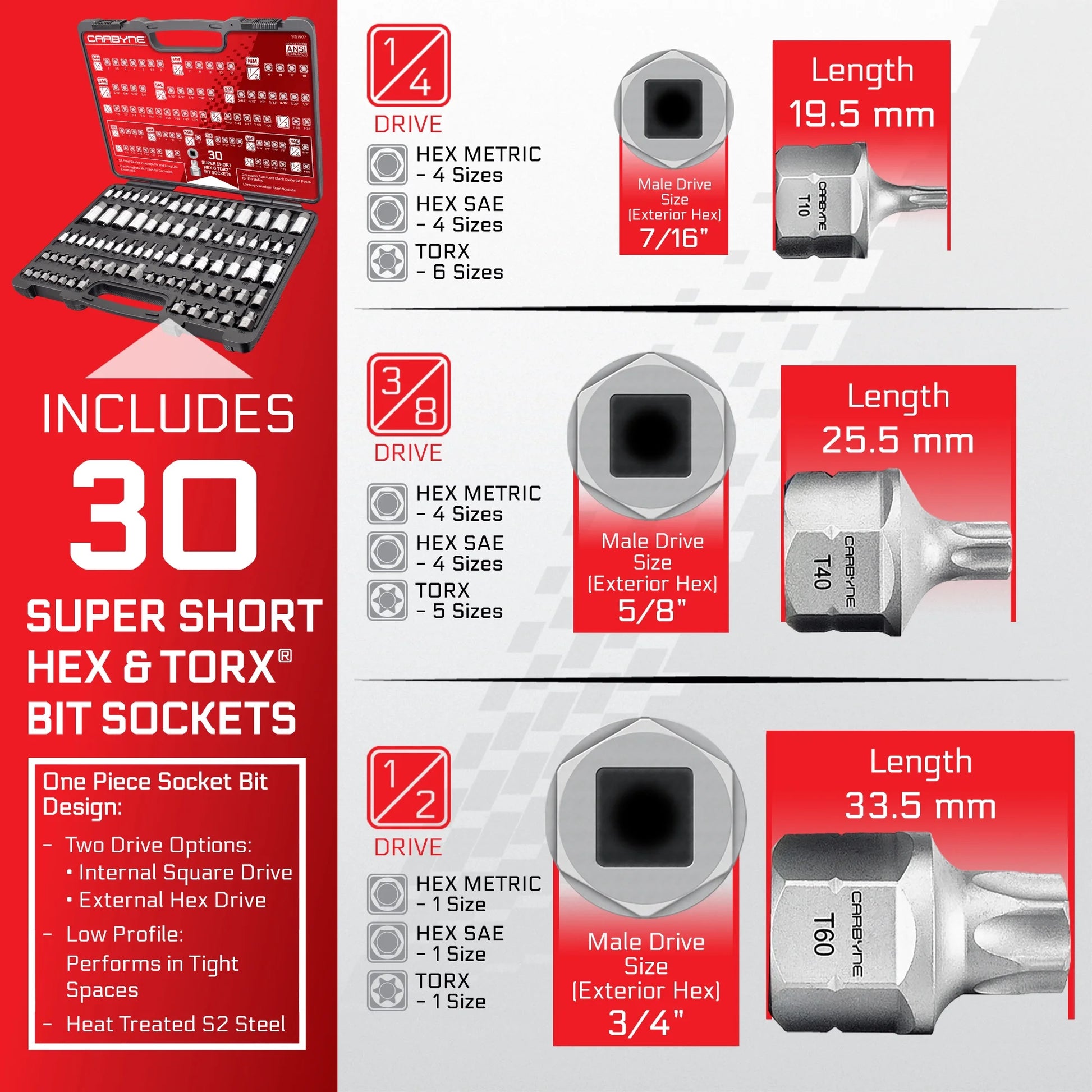 Carbyne 80-Piece Torx, SAE Hex (Allen) & Metric Hex (Allen) Bit Socket Set with 30 Super Short Bit Sockets, Cr-V Steel Sockets, S2 Steel Bits, Durable Storage Case