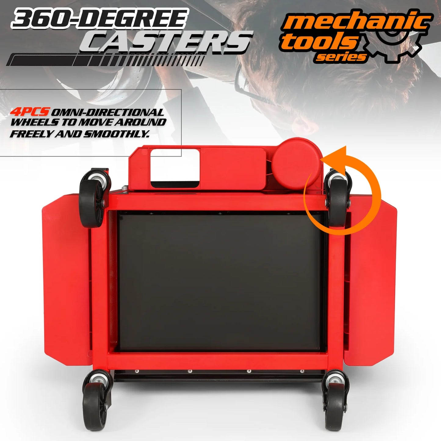 M-AUTO Adjustable Rectangular Roller Tool Box Padded Chair with Storage Tool Tray & Cabinet, 350 lbs Capacity with Casters - Red