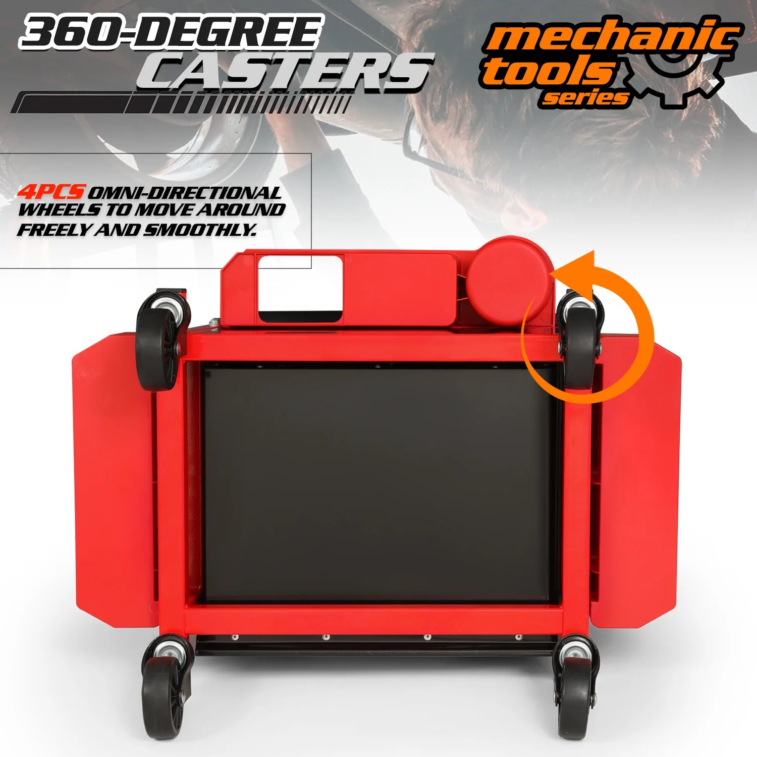 M-AUTO Adjustable Rectangular Roller Tool Box Padded Chair with Storage Tool Tray & Cabinet, 350 lbs Capacity with Casters - Red