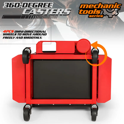 M-AUTO Adjustable Rectangular Roller Tool Box Padded Chair with Storage Tool Tray & Cabinet, 350 lbs Capacity with Casters - Red