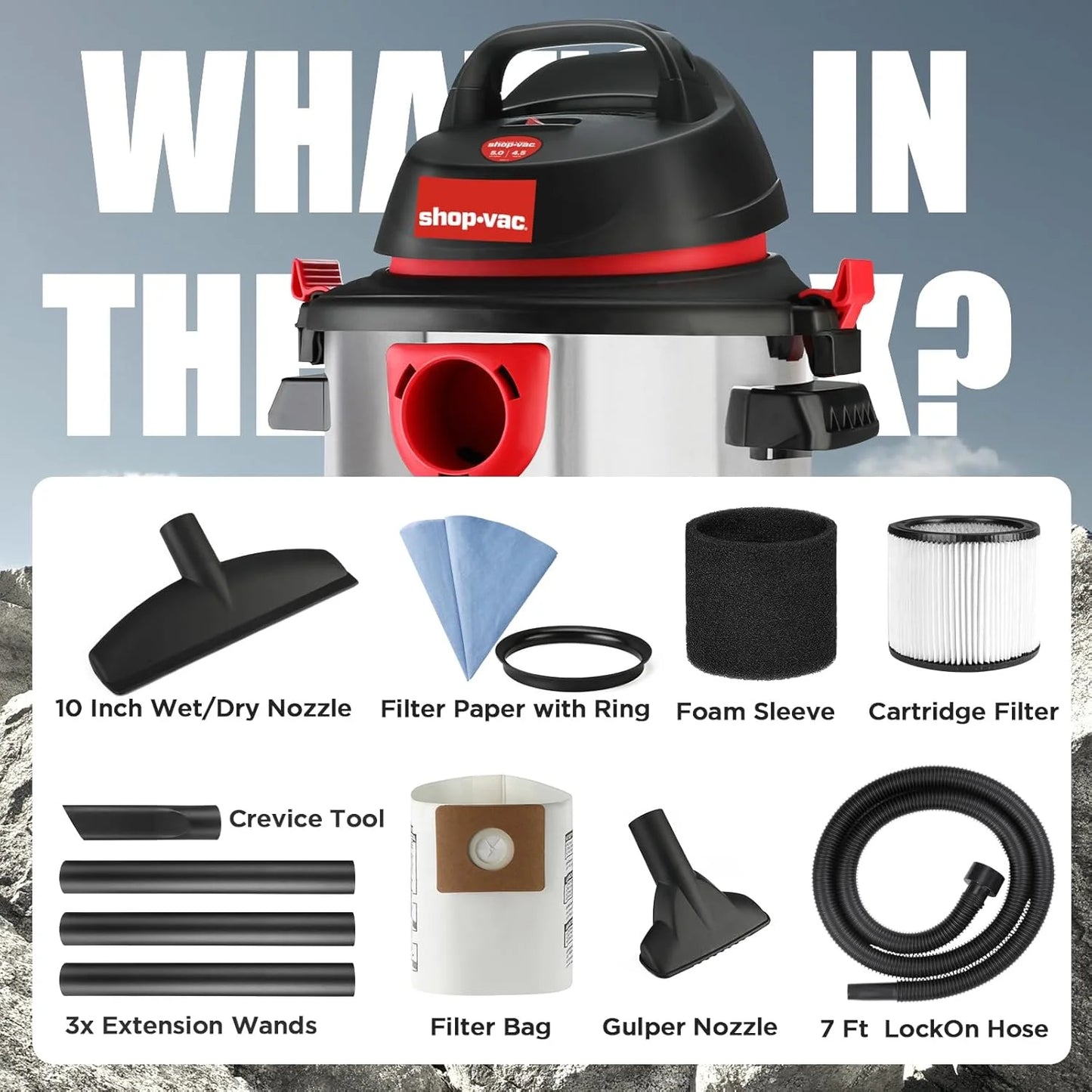 Shop-Vac 5989300, 5 Gallon, 4.5 HP Electric Corded Wet/Dry Vacuum Cleaner for Garage, Silver